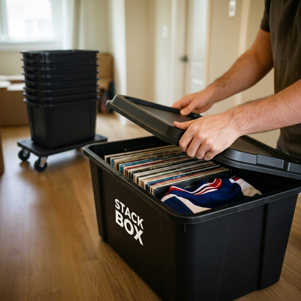 Heavy-duty plastic moving crate with lid