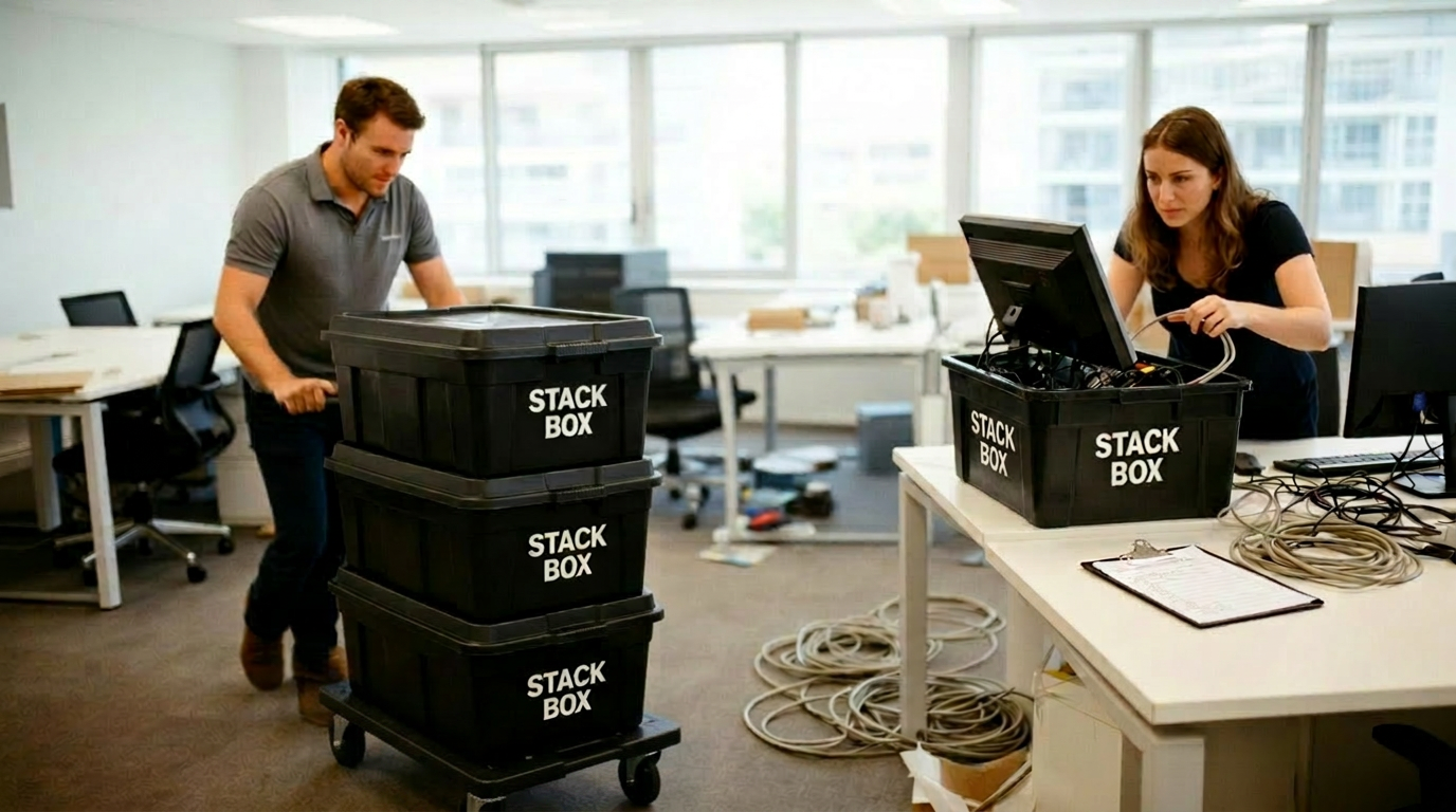 Office move with stacks of plastic crates